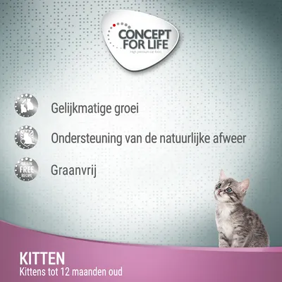CONCEPT FOR LIFE. Gelijkmatige groei, ondersteuning van de natuurlijke afweer, graanvrij. KITTEN, kittens tot 12 maanden oud.