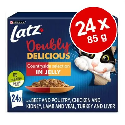 Latz Doubly Delicious Countryside selection in jelly, 24 x 85 g. Med nötkött och fågel, kyckling och njure, lamm och kalv, kalkon och lever. Ingen färgämne enligt förpackningen.