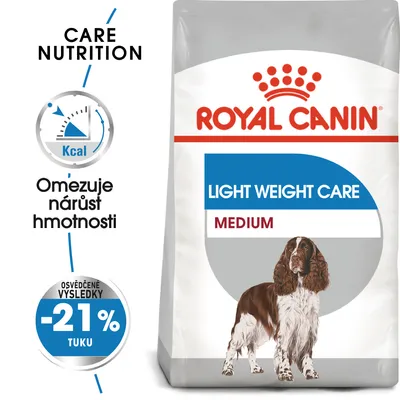 ROYAL CANIN LIGHT WEIGHT CARE MEDIUM, omezuje nárůst hmotnosti, osvědčené výsledky: -21 % tuku, obrázek psa na obalu.