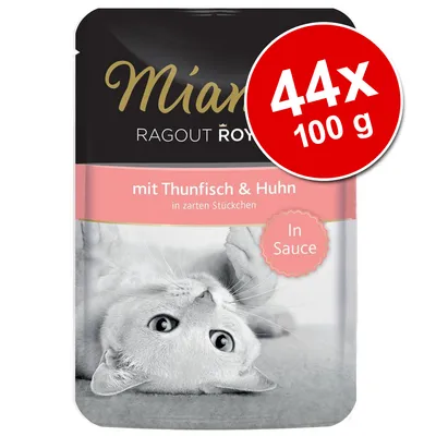 Miamor Ragout Royale -kissanruoka, makuna tonnikala ja kana kastikkeessa. Pakkaus: 44 x 100 g. Teksti saksaksi: mit Thunfisch & Huhn, In Sauce.