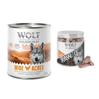 Wolf of Wilderness Kombi-Paket: 24 x 800 g Nassfutter + 4 x 70 g RAW Snacks - Wide Acres - Huhn + Hühnerherzen Wolf of Wilderness Kombi-Paket: 24 x 800 g Nassfutter + 4 x 70 g RAW Snacks - Wide Acres - Huhn + Hühnerherzen