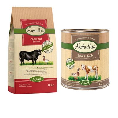 Lukullus Kaltgepresst Kombi-Paket: 10 kg Trockenfutter + 24 x 800 g Nassfutter Adult Angus-Rind & Ente + Ente & Kalb