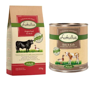 Lukullus Kaltgepresst Kombi-Paket: 10 kg Trockenfutter + 24 x 800 g Nassfutter - Adult Angus-Rind & Ente + Ente & Kalb  Lukullus Kaltgepresst Kombi-Paket: 10 kg Trockenfutter + 24 x 800 g Nassfutter - Adult Angus-Rind & Ente + Ente & Kalb
