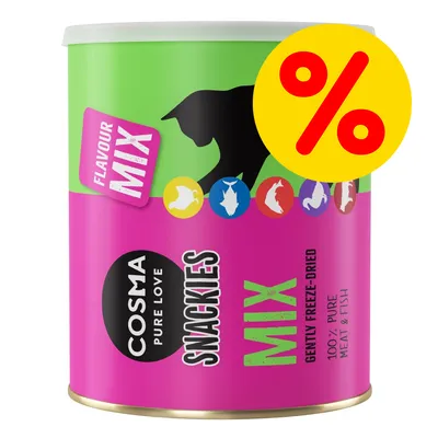 Cosma Pure Love Snackies Mix, barattolo con scritte 'Flavour Mix', '100% pure meat & fish', simbolo percentuale giallo per offerta visibile sull'etichetta.