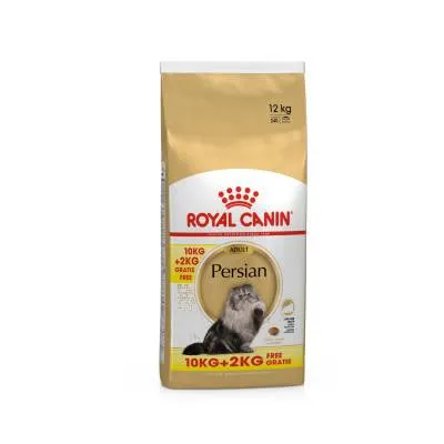 Zak Royal Canin Adult Persian kattenvoer, 12 kg. Tekst: 10 kg + 2 kg gratis. Afbeelding van een Perzische kat en brokjes. Merknaam en productnaam duidelijk zichtbaar.