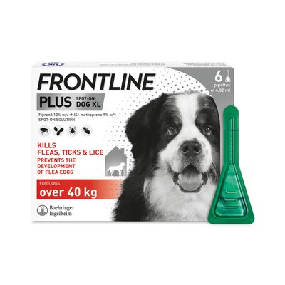 Frontline Plus Spot-On Dog XL, kills fleas, ticks and lice, prevents flea eggs developing, for dogs over 40 kg, contains 6 pipettes of 4.02 ml each.