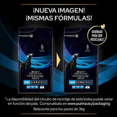 ¡Nueva imagen! ¡Mismas fórmulas! Purina Pro Plan Veterinary Diets DRM Dermatosis, diseñado para ser reciclable. Relevante para los packs de 3 kg.