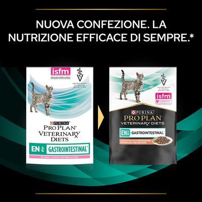 Nuova confezione Purina Pro Plan Veterinary Diets EN Gastrointestinal per gatti, con logo isfm e immagine di crocchette al salmone. Testo: 'NUOVA CONFEZIONE. LA NUTRIZIONE EFFICACE DI SEMPRE.'