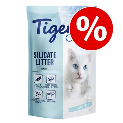 Tigerino Silicate Litter Classic Sensitive 5L, valkoinen kissa pakkauksessa, englanninkieliset ominaisuudet: light & economical, stops odours, inhibits bacterial growth, dust-free, prosenttimerkki