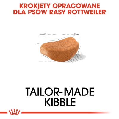 Krokiety opracowane dla psów rasy Rottweiler, widoczny pojedynczy krokiet. Tekst: TAILOR-MADE KIBBLE.