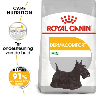 Royal Canin Dermacomfort Mini hondenvoerzak, tekst: Care Nutrition, Ter ondersteuning van de huid, Bewezen resultaten 91% van de eigenaren is tevreden na 2 maanden.