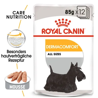 Royal Canin Dermacomfort All Sizes, 85g x 12. Különösen bőrbarát receptúra, mousse. Care Nutrition bőrápolási diagrammal.