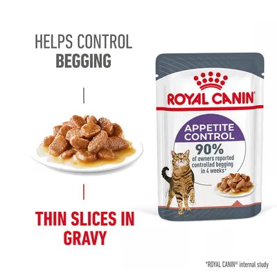 ROYAL CANIN Appetite Control cat food pouch, text: Helps control begging, 90% of owners reported controlled begging in 4 weeks, thin slices in gravy, image of food on plate and cat ROYAL CANIN Appetite Control cat food pouch, text: Helps control begging, 90% of owners reported controlled begging in 4 weeks, thin slices in gravy, image of food on plate and cat