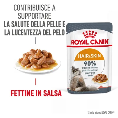 ROYAL CANIN Hair & Skin, fettine in salsa per gatti. Testo visibile: contribuisce a supportare la salute della pelle e la lucentezza del pelo. 90% osserva miglioramento dopo 3 settimane.