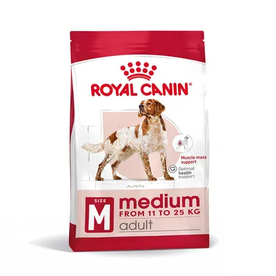 Royal Canin medium adult hondenvoer, maat M, voor honden van 11 tot 25 kg. Tekst op verpakking: muscle mass support, optimal health support.