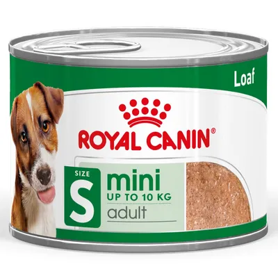 Blik Royal Canin natvoer, tekst: mini S size up to 10 kg adult, Loaf. Hond afgebeeld op het etiket.