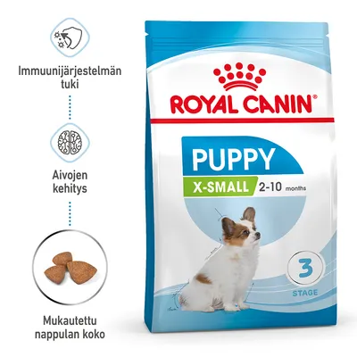 Royal Canin Puppy X-Small 2–10 months -koiranruokapakkaus, näkyvissä tekstit: Immuunijärjestelmän tuki, Aivojen kehitys, Mukautettu nappulan koko, vaihe 3, kuva pennusta ja nappuloista.