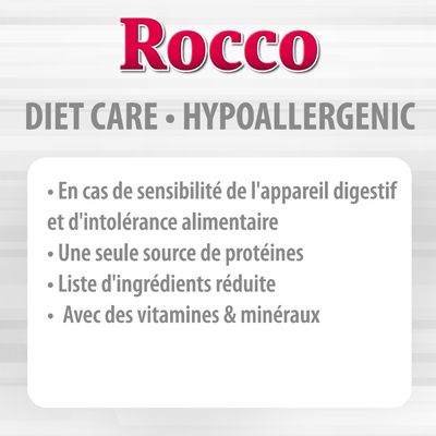 Rocco DIET CARE HYPOALLERGENIC : en cas de sensibilité digestive ou d'intolérance alimentaire, une seule source de protéines, liste d'ingrédients réduite, avec vitamines et minéraux.