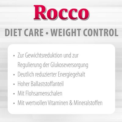Rocco Diet Care Weight Control. Zur Gewichtsreduktion und Regulierung der Glukoseversorgung, reduzierter Energiegehalt, hoher Ballaststoffanteil, Flohsamenschalen, Vitamine & Mineralstoffe.