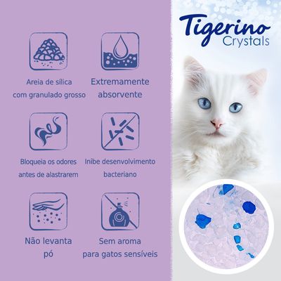 Tigerino Crystals. Areia de sílica com granulado grosso, extremamente absorvente, bloqueia odores, inibe bactérias, não levanta pó, sem aroma para gatos sensíveis.
