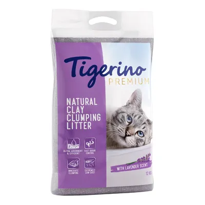 Tigerino Premium Natural Clay klumpende kattegrus med lavendelduft, ultraabsorberende, hurtig lugtkontrol, øjeblikkelig klumpning, meget støvfattig. Pakken viser en kat og 12 kg indhold.