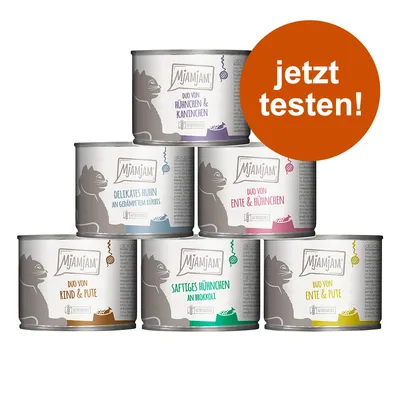 Mjamjam Katzenfutter-Sorten: Duo von Hühnchen & Kaninchen, Delikates Huhn an gedämpftem Kürbis, Duo von Ente & Hühnchen, Duo von Rind & Pute, Saftiges Hühnchen an Brokkoli. Jetzt testen!