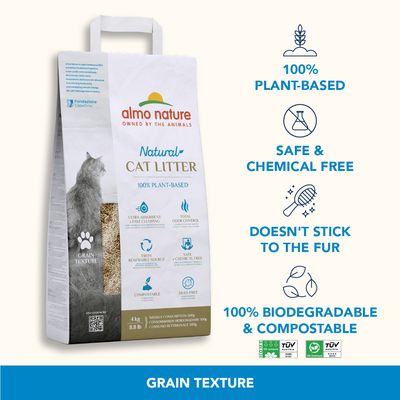 Cat litter packaging with features: 100% plant-based, safe and chemical free, does not stick to fur, 100% biodegradable and compostable, ultra absorbent, total odour control, dust-free.