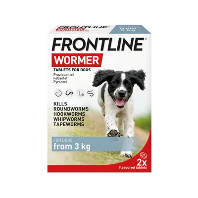 Frontline Wormer tablets for dogs from 3kg, kills roundworms, hookworms, whipworms and tapeworms. Contains praziquantel, febantel, pyrantel. Pack contains 2 flavoured tablets.