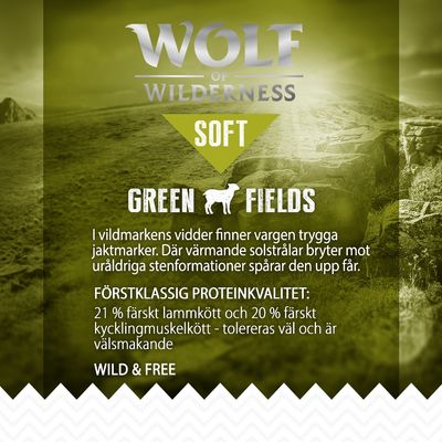 Wolf of Wilderness Soft Green Fields. Förstklassig proteinkvalitet: 21 % färskt lammkött och 20 % färskt kycklingmuskelkött – tolereras väl och är välsmakande. Wild & Free.