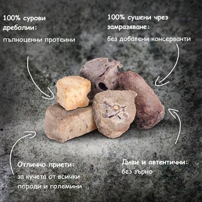 100% сурови дреболии: пълноценни протеини. 100% сушени чрез замразяване: без добавени консерванти. Отлично приети: за кучета от всички породи и големини. Диви и автентични: без зърно.