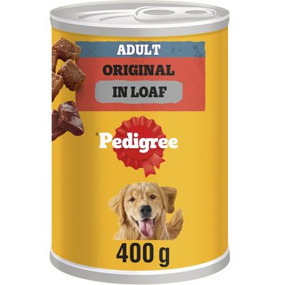 Tin labelled adult original in loaf, Pedigree, 400g. Shows chunks of food and a dog image.