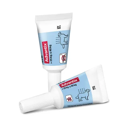 Advantix Spot-On für Hunde von 25 bis 40 kg, 100 ml Imidacloprid. Anwendungsskizze zeigt Verteilungspunkte auf dem Hund. Hinweis: Nicht für Katzen geeignet.