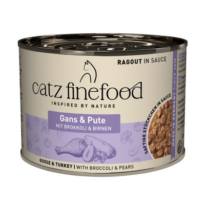 Catz Finefood Nr. 603 ragù oca e tacchino, naturalmente buono, senza zuccheri aggiunti, senza cereali, senza test sugli animali, 95% carne, alta qualità.