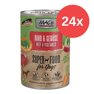 MAC's Super Food for Dogs, Rind & Gemüse mit 30% Gemüse, Made in Germany, getreidefrei, klimafreundlich, schützt natürliche Ressourcen. Alleinfuttermittel für ausgewachsene Hunde, 24x Dosen.