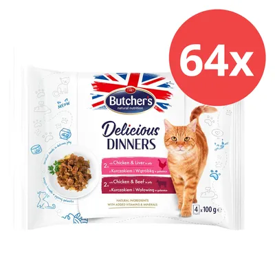 Butcher's Delicious Dinners, 64 x 100 g. Variétés : poulet et foie en gelée, poulet et bœuf en gelée. Ingrédients naturels avec vitamines et minéraux ajoutés.