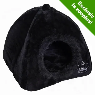 Căsuță neagră din material textil pentru animale, cu intrare rotundă și broderie coroană. Text vizibil: Exclusiv la zooplus!