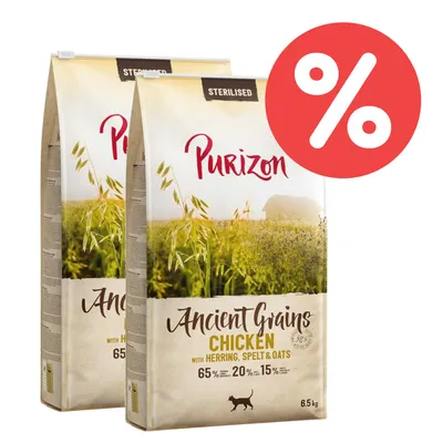 Purizon Ancient Grains Chicken mit Hering, Dinkel & Hafer. Sterilised Rezeptur, 65% Fleisch, 20% Gemüse, 15% Getreide. Packungsgrösse: 6,5 kg. Prozent-Symbol für Rabattaktion sichtbar.