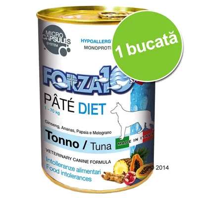 Conservă Forza10 Pâté Diet Tonno/Tuna, 1 bucată, pentru câini 1–70 kg, ginseng, ananas, papaya, rodie, Made in Italy, formulă veterinară pentru intoleranțe alimentare.