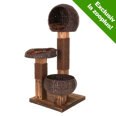 Ansamblu de joacă pentru pisici din lemn și împletitură, cu trei platforme rotunde. Text vizibil: Exclusiv la zooplus!