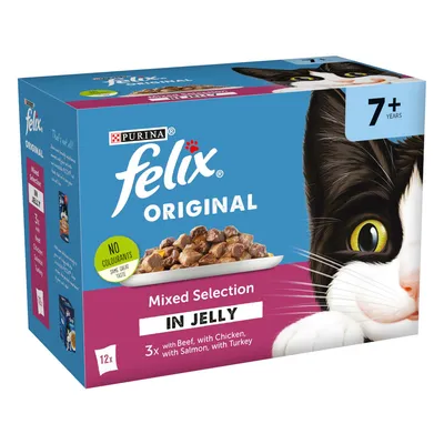 Felix Original Mixed Selection in Jelly, 12 pack for ages 7+, includes 3x with beef, chicken, salmon, and turkey. No colourants. Suitable for older pets.