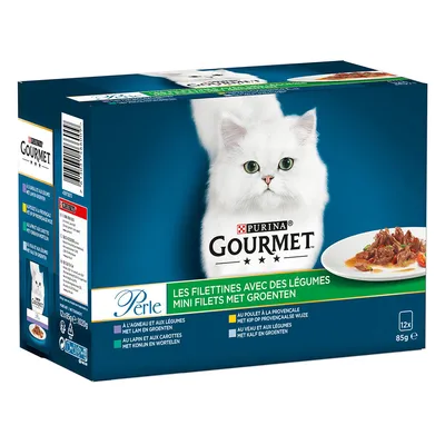 Упаковка Purina Gourmet Perle, мини-филе с овощами, 12×85 г. Видна белая кошка и тарелка с кормом. Текст на французском и нидерландском языках.