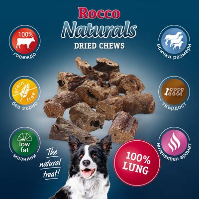 Rocco Naturals Dried Chews, 100% говеждо, без зърно, нискомаслени, твърдост, интензивен аромат, всички размери, 100% LUNG. Изображение на куче и сушени дъвчащи парчета.