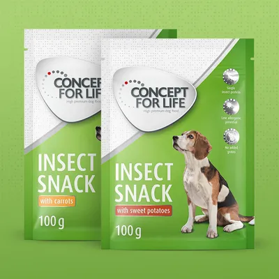 Concept for Life Insect Snack with carrots 100 g és Insect Snack with sweet potatoes 100 g kutyáknak, zöld csomagolás, beagle kutya képpel, látható angol feliratokkal.