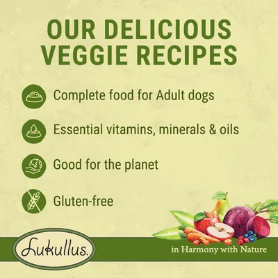 Our delicious veggie recipes: complete food for adult dogs, essential vitamins, minerals and oils, good for the planet, gluten-free. Lukullus in harmony with nature.