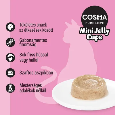 COSMA PURE LOVE Mini Jelly Cups. Tökéletes snack az étkezések között, gabonamentes finomság, sok friss hússal vagy hallal, szaftos aszpikban, mesterséges adalékok nélkül.