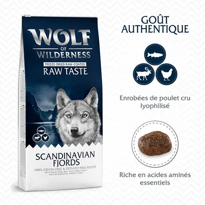Wolf of Wilderness Raw Taste Scandinavian Fjords, goût authentique, enrobées de poulet cru lyophilisé, riche en acides aminés essentiels, recette sans céréales ni pommes de terre.