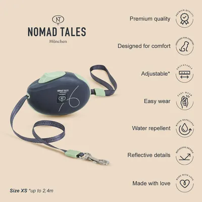 Laisse enrouleur NOMAD TALES München, taille XS jusqu’à 2,4 m. Texte anglais visible : Premium quality, Designed for comfort, Adjustable, Easy wear, Water repellent, Reflective details, Made with love.
