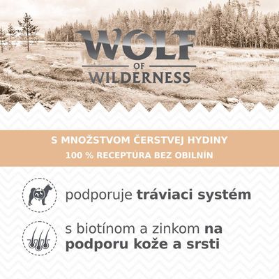 Wolf of Wilderness. S množstvom čerstvej hydiny, 100 % receptúra bez obilnín, podporuje tráviaci systém, s biotínom a zinkom na podporu kože a srsti.