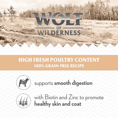 High fresh poultry content, 100% grain-free recipe. Supports smooth digestion and promotes healthy skin and coat with biotin and zinc.