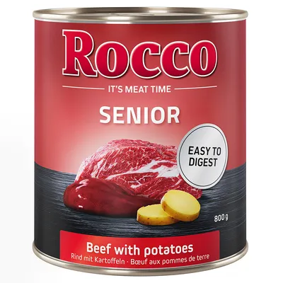 Rocco SENIOR, EASY TO DIGEST, Beef with potatoes, Rind mit Kartoffeln, Bœuf aux pommes de terre, 800 g. Dåse med billede af oksekød og kartoffelskiver.
